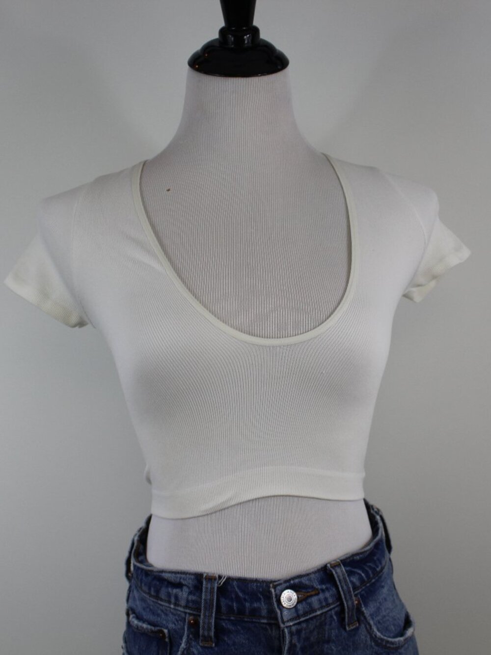 Out From Under UO Ribbed Crop Top White Deep V Neck Baby Tee XS/S
